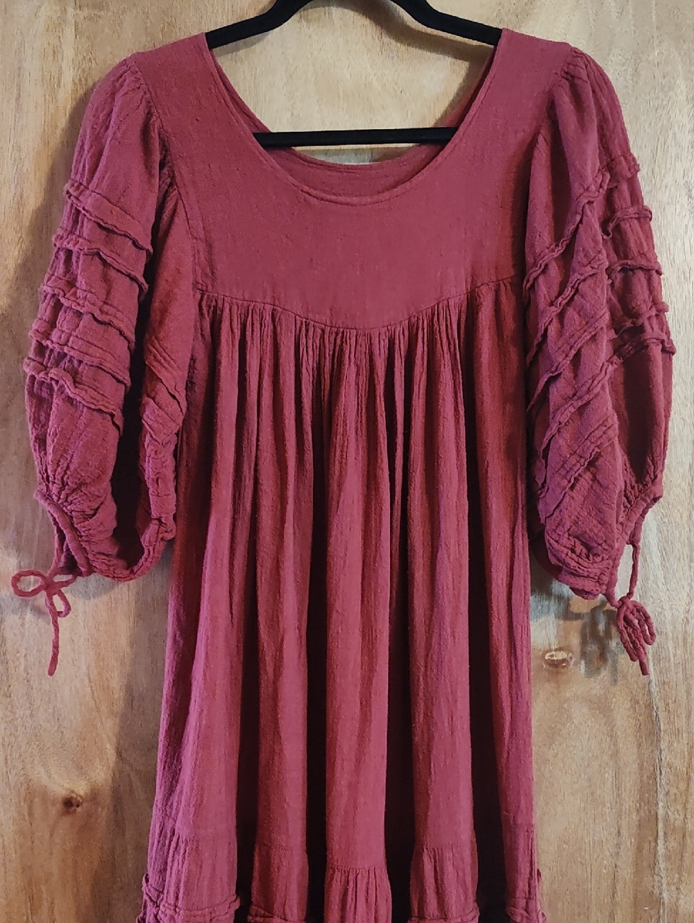 Boho Peasant Dress Brick Red Slub Puff Sleeve Ruffled Tiers Victorian Ren Fair S - Picture 2 of 16